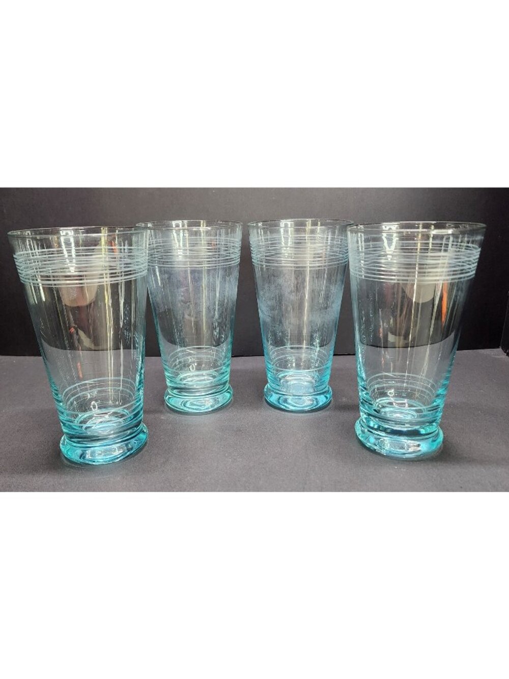 Vintage Icy Blue Etched Banded Glasses Tumbler 7" Tall Set of 4